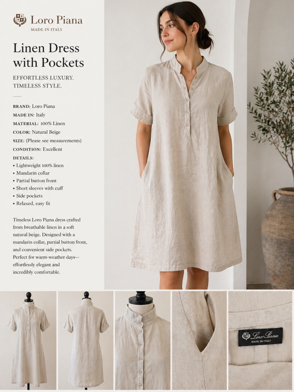 Loro Piana Linen Dress Beige Short Slv Pockets Italy Luxury Minimalist Size 6-8